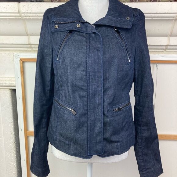 Ann Taylor Motorcycle heavier Denim Jacket that zips to neck, snaps to neck - Picture 4 of 15